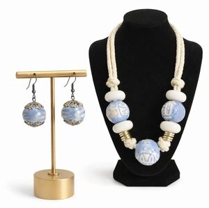 Artisan Blue & White Ceramic Statement Necklace & Earrings Set